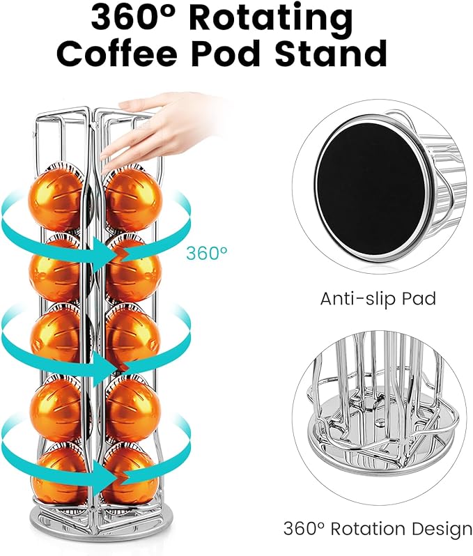 Coffee Pod Stand Holder for Nespresso Vertuoline 20 Pods, Coffee Bar Vertuo Pod Organizer Rack, 360° Rotating Coffee Capsule Holds Storage, 20 Pods Holder Spinner for Nespresso Vertuo Line (Silver)