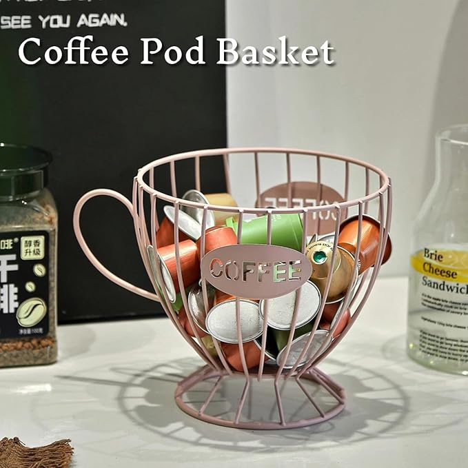 Metal Coffee Pod Holder Wire Coffee Pods Storage Basket Espresso Capsule Storage for Home Kitchen Cafe Hotel (Pink cup)