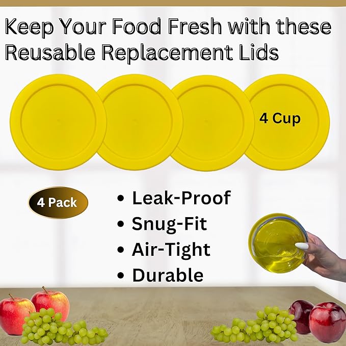 4 Cup/950 mL Yellow Replacement Lids/Covers for Pyrex 7201-PC, 4 Cup/32oz Anchor Hocking & Klare Ware Storage Bowls *Lids Only* - *Glass Container Not Included* (4 Pack, Yellow)