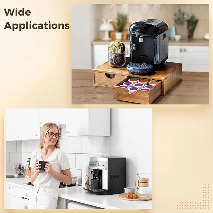 Wooden Coffee Pod Organizer for Keurig K Cups, Dual-Drawer Countertop Storage, Space-Saving Design with Natural Wood Grain, Handcrafted Kitchen Office Solution