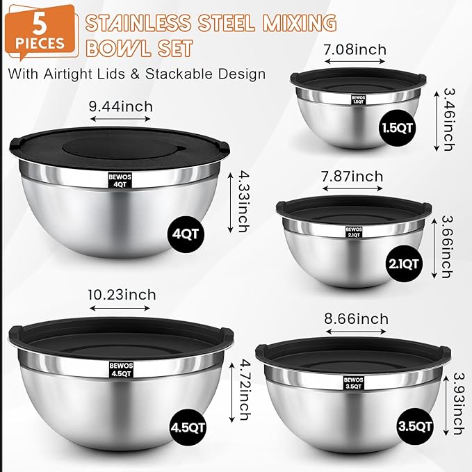 BEWOS Mixing Bowls with Airtight Lids Set - 5 Pcs Stainless Steel Mixing Bowls With 3 Grater Attachments, Size 4.5, 4, 3.5, 2.1, 1.5QT Metal Bowls for Baking and Serving (Black)