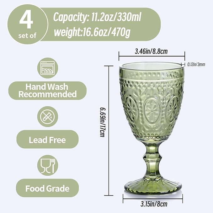 Green Wine Glasses set of 4, Green Goblets, Vintage Drinking Glassware, Colored Glassware Set for Party Home Wedding Baby Shower