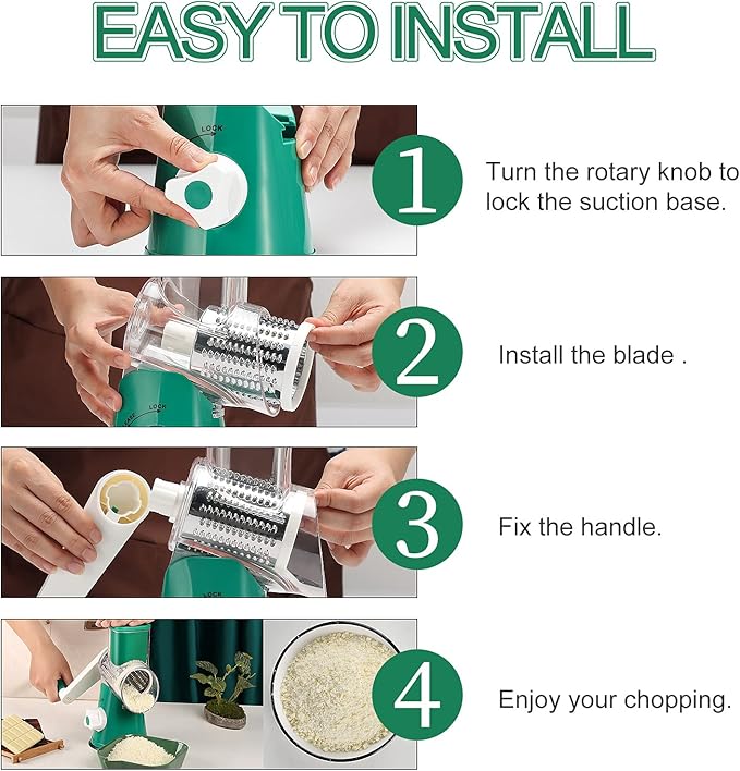 Ourokhome Rotary Cheese Grater Hand Crank, Kitchen Shredder Speed Mandolin Slicer Nut Grinder with Handle and Drum Blades for Cheese, Vegetable, Walnut, Chocolate, Potato, Carrot, 3 Blades, Emerald