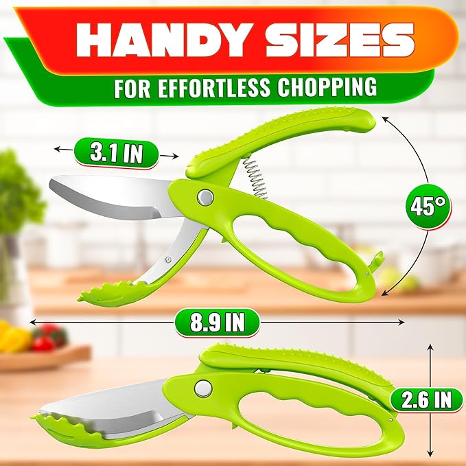 Salad Scissors for Chopped Salad – Multiblade Food Scissor Chopper With Spring-Loaded System & Anti-Slash Head for Fast Double Cutting – 8.9" Handy Size Lettuce Chopper, Stainless Steel Blades