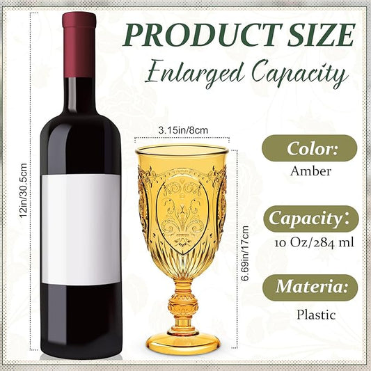 18 Pack Plastic Goblets 10oz Upgrade Vintage Water Goblet Plastic Wine Glasses Colored Retro Embossed Glassware for Party Wine Bar Juice Baby Shower Wedding Reception Grand (Amber)