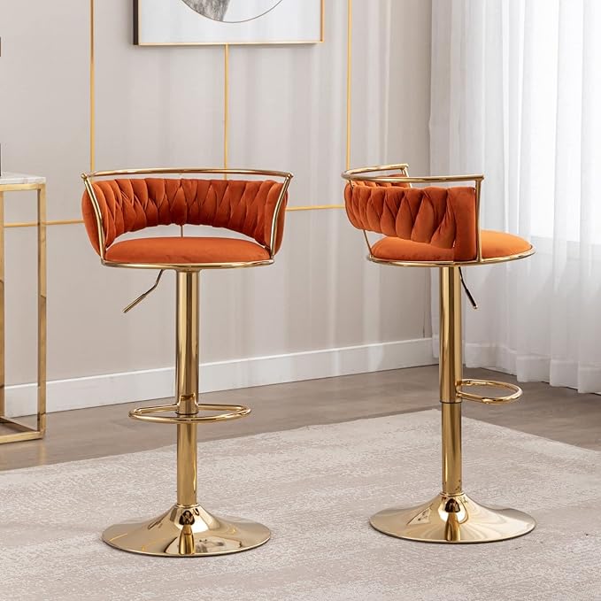 LukeAlon Velvet Adjustable Barstools Set of 2, Modern 360° Swivel Counter Stools with Golden Base Upholstered Open Back Tall Bar Chairs with Footrest for Home Kitchen, Orange