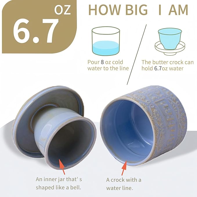 Ceramic Butter Crock with Lid, French Butter Dish with Water Line for Countertop, Butter Keeper for Spreadable Butter, Container Holder for Kitchen and Home Decor, 6.7 OZ, Pale Blue