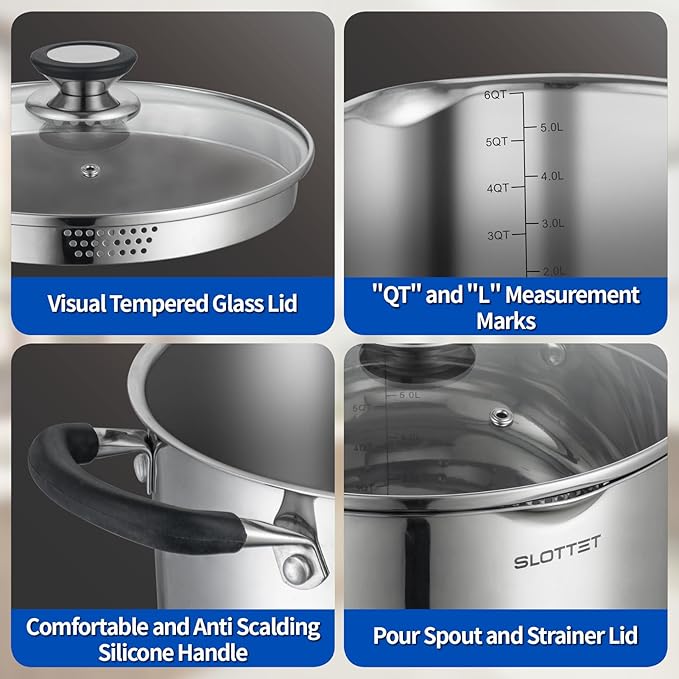 6 Quart Stainless Steel Stock Pot with Strainer Glass Lid,6 Qt Soup Pot Multipurpose Stockpot with Pour Spout,Stay-cool silicone Handle.