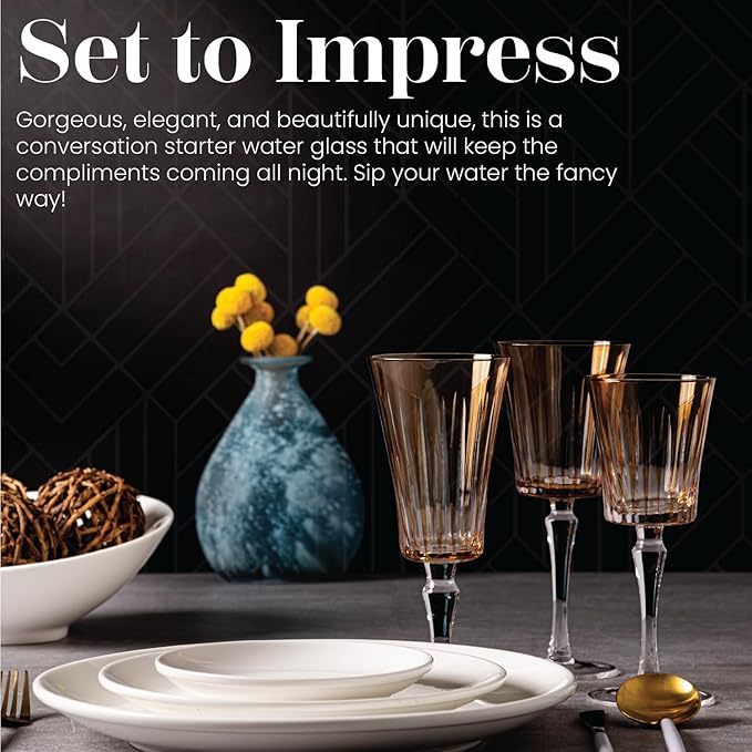 Vikko Water Glasses, Timeless Collection 8 Ounce Elegant Water Glass for Fine Dining, Set of 4 Amber Goblets with Stem, Dishwasher Safe