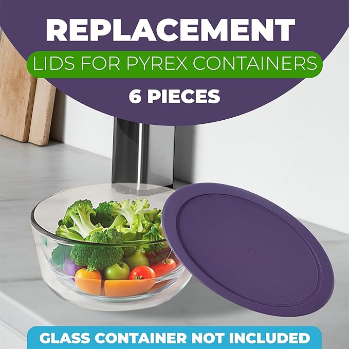 Replacement Lids for Pyrex Containers Round Glass Food Plastic (2) 2-Cup Green (2) 4-Cup Purple (2) 7-Cup Light Blue
