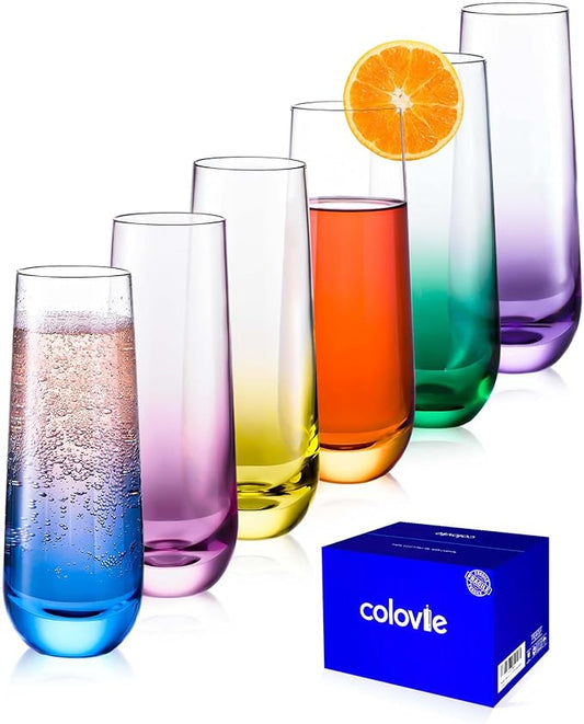 ColoVie Stemless Champagne Glasses Set of 6- Colored Champagne Flutes- Wedding Toasting Glass- Bridesmaid Gift- Mimosa Glass- Crystal Bar Glassware- Birthday Cocktail Party, 9.6oz