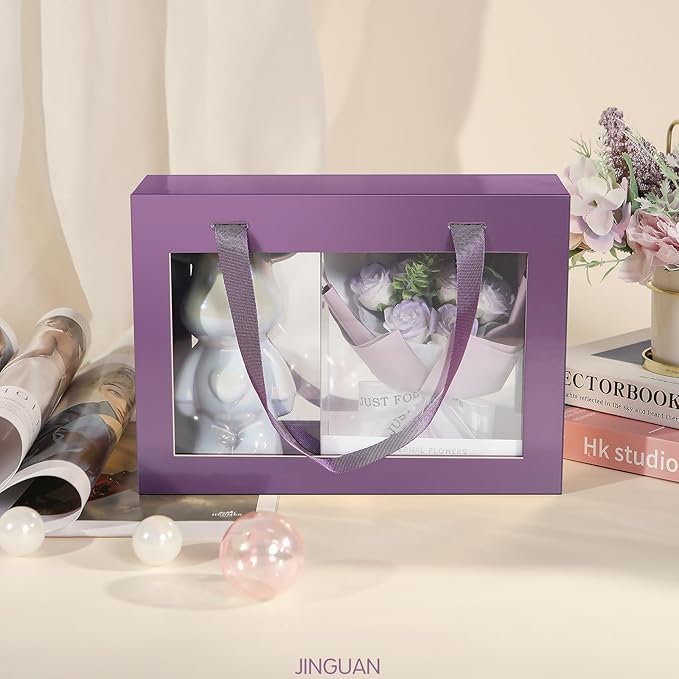 5 Purple Gift Boxes with Windows, Gift Boxes with Lids and Handles, Clear Magnetic Gift Boxes for Presents, Bridesmaid Proposal Boxes (10.5x7.5x3 Inches