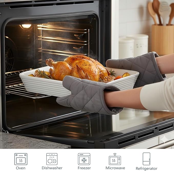 ONEMORE Casserole Dishes for Oven, Ceramic Baking Dish Set of 3 with Roasting Racks Rectangular Large Deep Lasagna Pan without Handles Porcelain Baking Pan with Rack for Oven Cooking (3QT/2.1QT/1.3QT)