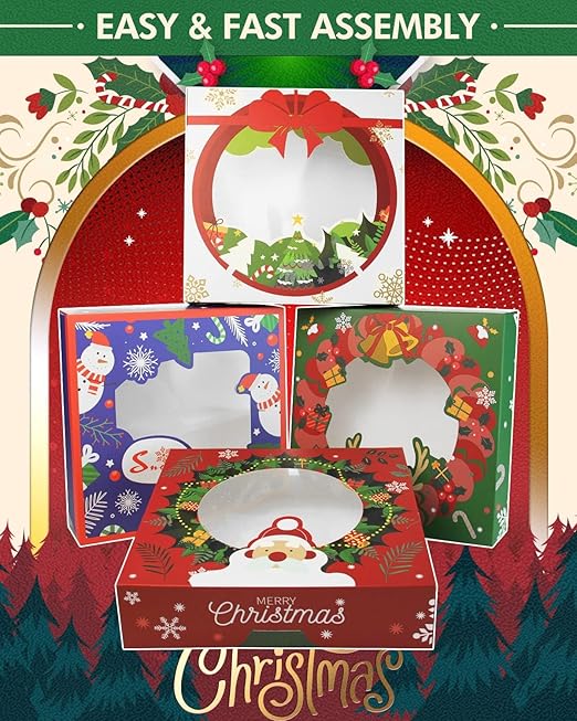 qiqee New Christmas Pie Boxes with Window 10x10x2.5 inch 30Packs Cookie Donut Bakery Box