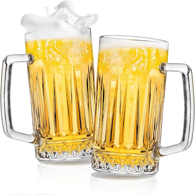 Beer Mug Set of 2, 20oz Crystal Beer Glasses with Handle, Glass Beer Mugs for Freezer, Gifts for Men