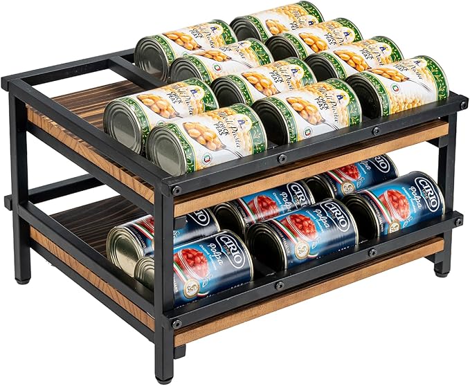 MyGift 2-Tier Canned Goods Organizer for Pantry, Urban Industrial Matte Black Metal and Rustic Burnt Solid Wood Countertop Can Holder Storage Dispenser Rack, Holds 10 to 15 oz Can Sizes