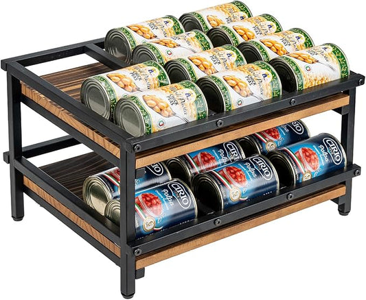 MyGift 2-Tier Canned Goods Organizer for Pantry, Urban Industrial Matte Black Metal and Rustic Burnt Solid Wood Countertop Can Holder Storage Dispenser Rack, Holds 10 to 15 oz Can Sizes