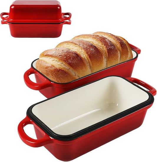 9 x 5 Inch Bread Pan Enameled Cast Iron Loaf Pan with Lid for Baking, 2 in 1 Non-stick Sourdough Bread Loaf Pan for Homemade Bread, Oven & Stovetop Safe for Gas, Electric & Induction, Red