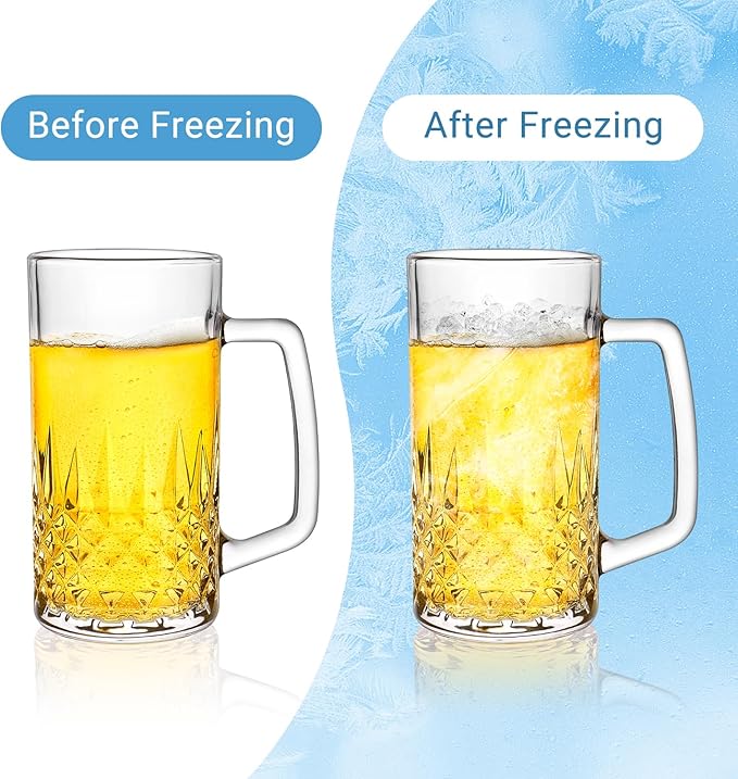 Beer Mug Set of 2, 20oz Crystal Beer Glasses with Handle, Glass Beer Mugs for Freezer, Gifts for Men
