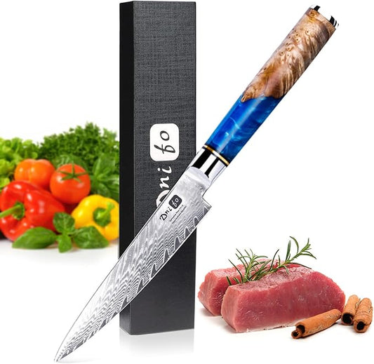 Kitchen Utility Knife 5 Inch, Japanese VG10 Steel Damascus Paring knife, Small Kitchen chef Knife with Gift Box and Resin Wood Handle, Ideal Birthday Gift for Men and Women
