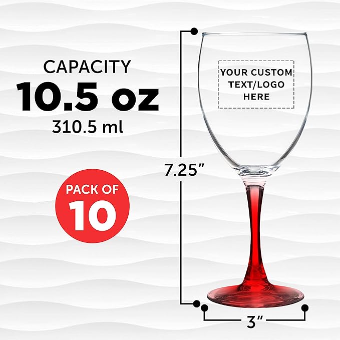 Custom Nuance Wine Glasses by ARC 10.5 oz. Set of 10, Personalized Bulk Pack - Restaurant Glassware, Perfect for Red Wine, White Wine, Cocktails - Red