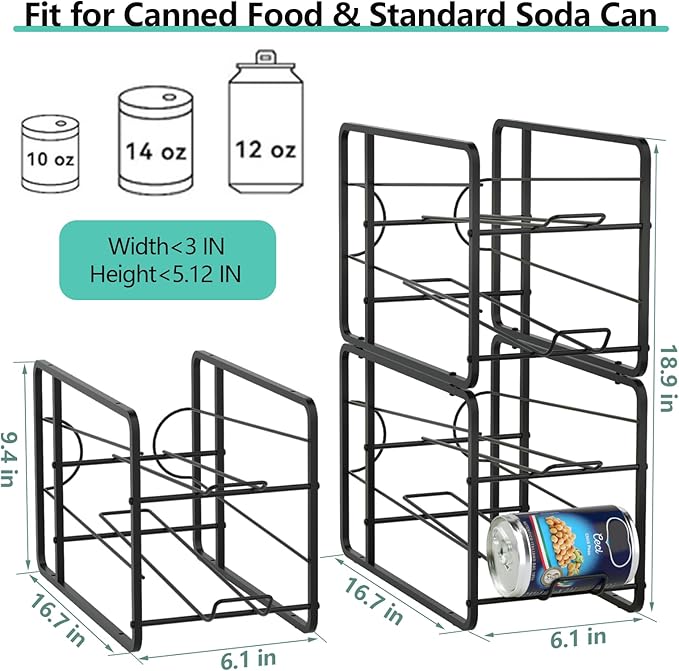 Stackable Can Organizer for Pantry, Can Organizer Storage Rack, 4 Pack Can Food Organizer, Beverage Storage Holder for Refrigerator, Cabinet Can Dispenser for Pantry