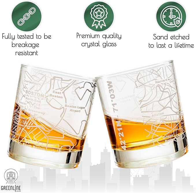 Greenline Goods Whiskey Glasses - 10 Oz Tumbler Gift Set for Boston lovers, Etched with Boston Map | Old Fashioned Rocks Glass - Set of 2