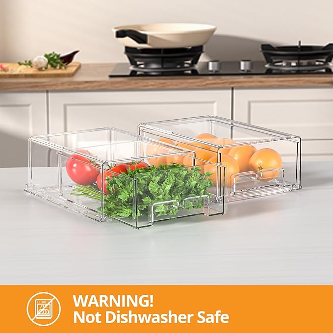 2 Pack Stackable Storage Drawers - Clear Refrigerator Drawers for Refrigerator Organizers and Storage, Acrylic Fridge Drawer Organizer with Handles for Bathroom, Undersink, Cabinet, Pantry, etc