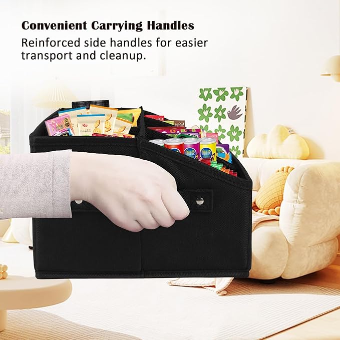 Snack Organizer for Countertop, Fabric Snack Bar Station with Handles, 6 Compartment Container, Black 【Patent Pending】
