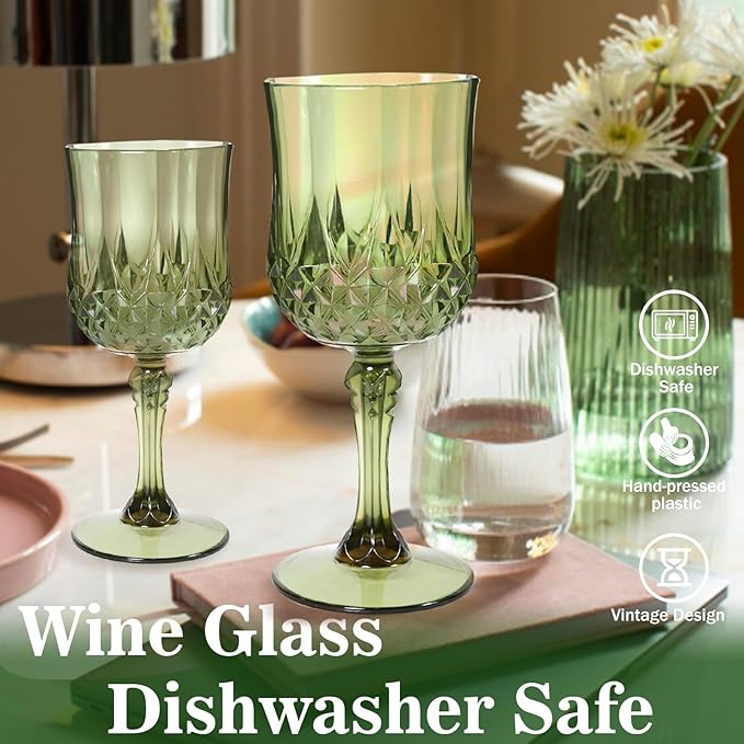 24 Pcs 7oz Plastic Wine Glasses Cup, Crystal Unbreakable Water Goblet, Plastic Vintage Green Goblets Glassware Drinking Glasses for parties Baby Shower Wedding Reception Grand Event Party (Dark Green)