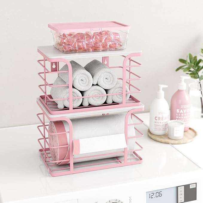 2 Pack Extra Large Stackable Pantry Storage with Bamboo Top,Wall Mount Trash Bag Dispenser Roll Holder for Kitchen Pantry Laundry Room,Pink