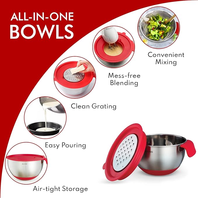 Belwares Mixing Bowls with Lids Set - 3-Piece Stainless Steel Nesting Bowls with Graters, Handles, and Airtight Lids - Non-Slip Mixing Bowls for Cooking, Baking, Prepping, and Food Storage (Red)