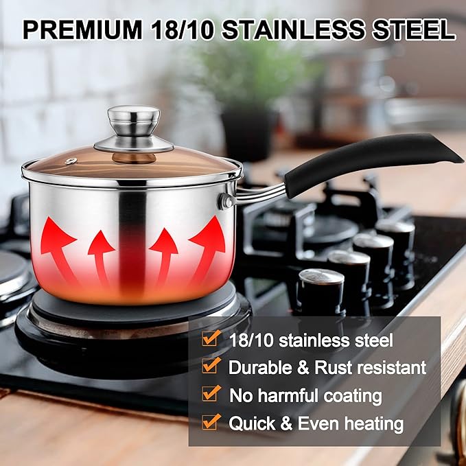 LIANYU Saucepan with Lid, 1 Quart and 2 Quart Stainless Steel Saucepan, Small Pot Milk Soup Pan for Home Kitchen Restaurant, Long Heatproof Handle, Dishwasher Safe