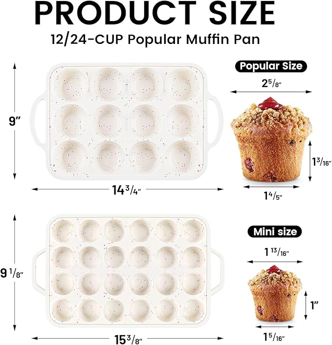 Vinino 2Pack Silicone Muffin Pan for Baking with Metal Reinforced Frame, Regular 12 Cup and Mini 24 Cup Nonstick Cupcake Pan Set, BPA Free Silicone Muffin Tray Molds for Oven Dishwasher Safe
