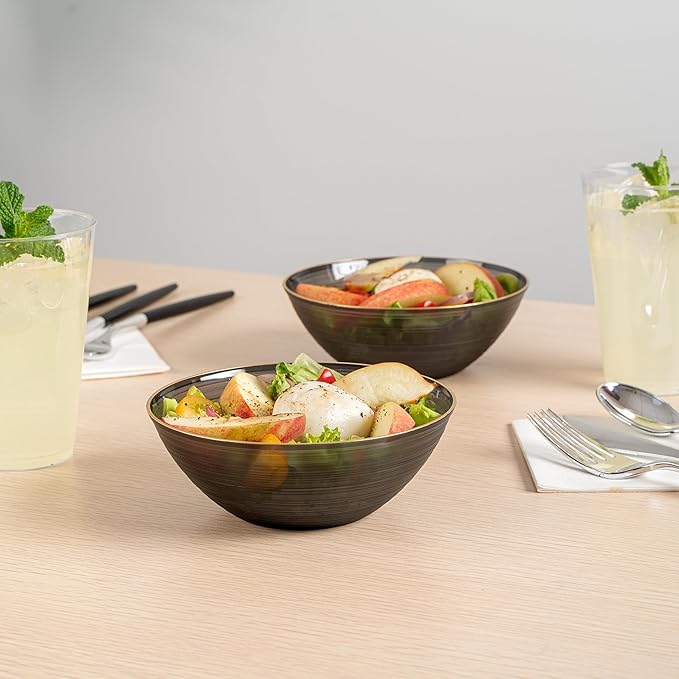 Restaurantware Plastic Bowls 100 Pcs 16 oz Gold Rimmed Disposable Soup Bowls Heavy-Duty Black Translucent Rippled Dinnerware Containers for Party, Desserts, Salads, Snacks, and Catering