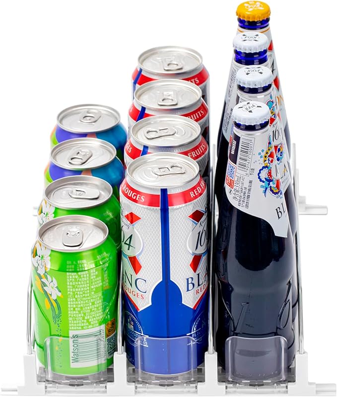 Rula Drink Organizer for Fridge, Self-Pushing Soda Can Dispenser for Mini Refrigerator, Width Adjustable Water Bottle Pusher Glide, White, 3 Rows,12.2” D