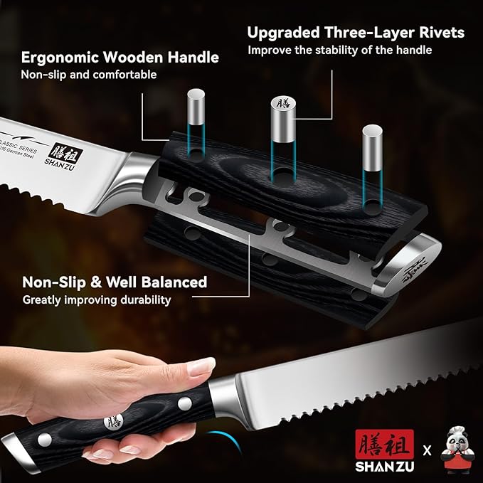 SHAN ZU 10" Bread Knife - Sourdough Slicing Knife Professional German 1.4116 Stainless Steel Serrated Blade, Ergonomic Wood Handle & Full Tang Design, Gift Box Included (Single-Edge