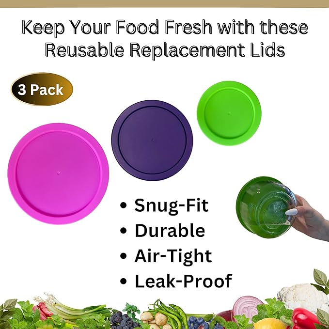 2, 4 & 7 Cup Spring Green, Purple, Pink Replacement Lids/Covers for Pyrex, Anchor Hocking & KlareWare Storage Bowls *Lids Only Glass Container Not Included* (3 Pack *One of Each Size*)