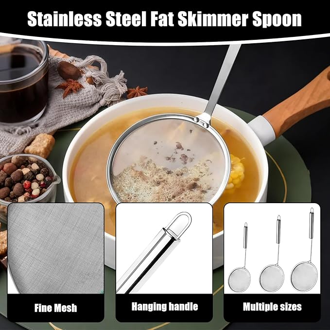 3 Pack Fat Skimmer Spoon Multi-Functional Stainless Steel Hot Pot Fat Strainer with Fine Mesh (4”, 4.7”, 5.5”) Long Handle for Frying, Soup, Quinoa, Miso