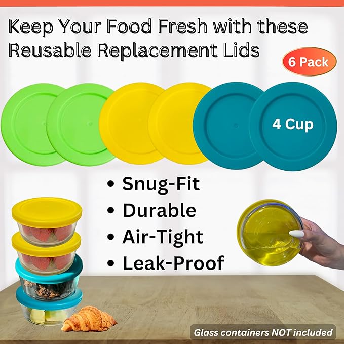 4 Cup/950 mL Turquoise Yellow Spring Green Replacement Lids/Covers for Pyrex 7201-PC, 32oz Anchor Hocking & KlareWare Storage Bowls *Lids Only Glass Container Not Included* (6 Pack, Turq/Y/Spring Grn)
