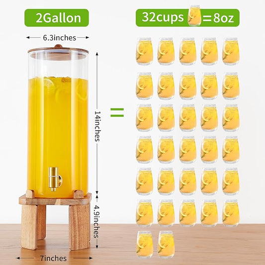 2 Gallon Large Drink Dispenser for Parties,Glass Beverage Dispenser with Stand,Water Drink Dispenser with Airtight Valve,Lemonade Dispenser for Fridge,Water, Juice,Punch,Cocktails,Ice Tea & Sun Tea-8L