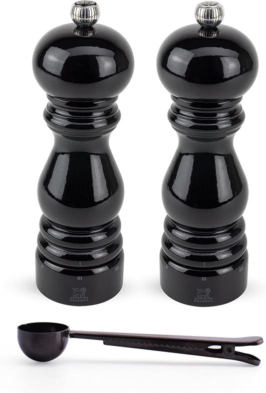 Peugeot Paris u'Select 6 Setting Manual Salt & Pepper Mill Set With Black Stainless Steel Spice Scoop Made In France (Black Lacquered, 7- Inch)