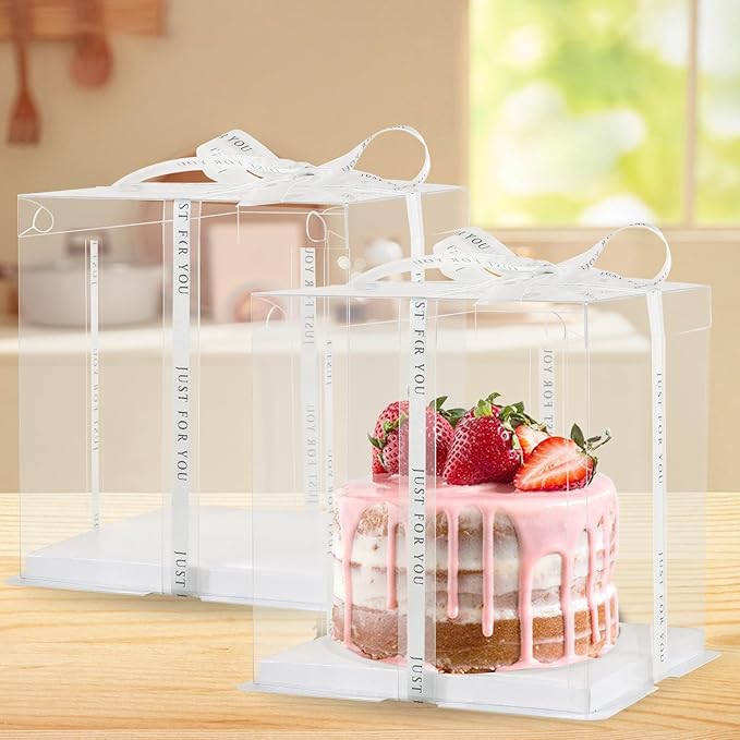 cake box-8 * 8 * 9inch/8pcs, Clear Display Gift Boxes with RibbonStackable Food Storage Containers for Pastry (Clear, 8 * 8 * 9 inch/8pcs)
