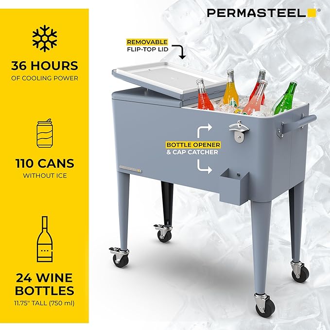 Permasteel 80 Quart Party Cooler, Rolling Ice Chest with Wheels and Handles for Indoor Outdoor Patio