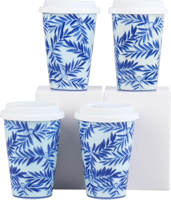 14 oz ceramics Handmade blue and white Retro Coke cups coffee tea set of 4 china Coffee Mugs for Tea, Milk,Dishwasher and Microwave Safe，Free gift soft silicone cover and gift box