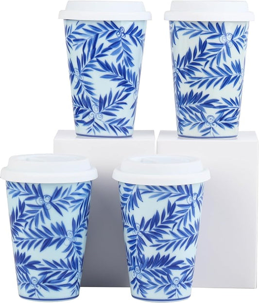 14 oz ceramics Handmade blue and white Retro Coke cups coffee tea set of 4 china Coffee Mugs for Tea, Milk,Dishwasher and Microwave Safe，Free gift soft silicone cover and gift box