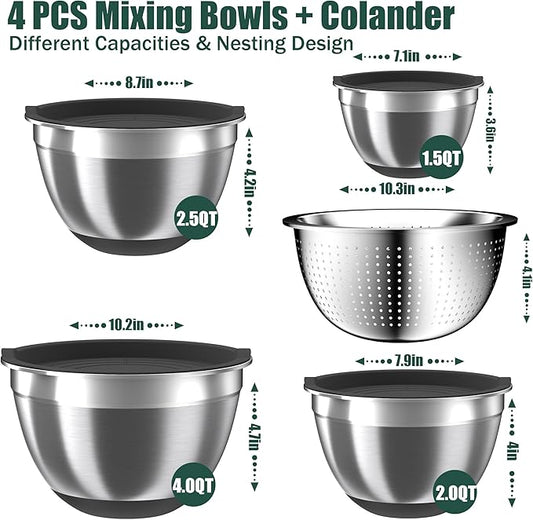 Mixing Bowls with Airtight Lids Set, 4 Stainless Steel Bowls Nesting Bowls & Colander, Kitchen Organizers and Storage Non-Slip Bottom, Size 1.5/2.0/2.5/4.5QT, Great for Mixing & Serving, Black