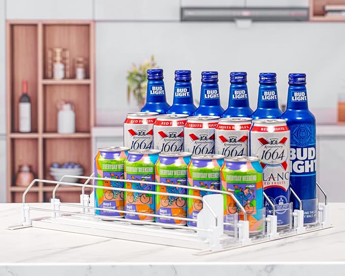 RULA Drink Organizer for Fridge, Self-Pushing Soda Can Dispenser for Refrigerator, Width Adjustable Water Bottle Pusher Glide - Holds up to 20 Cans (15" D, 4 Rows)