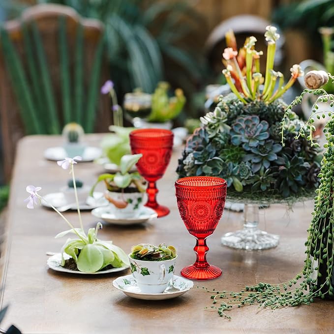 24 Pcs Red Vintage Wine Glasses Set, 10 Ounces Colored Glass Water Goblets, Unique Floral Embossed Pattern High Clear Stemmed Glassware Wedding Party Bar Drinking Cups Fancy Glasses Hand Wash Only