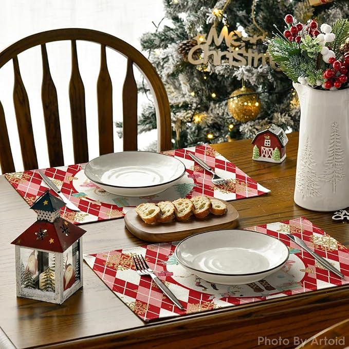 Red Diamond Plaid Nutcracker Snowflake Christmas Placemats Set of 4, 12x18 Inch